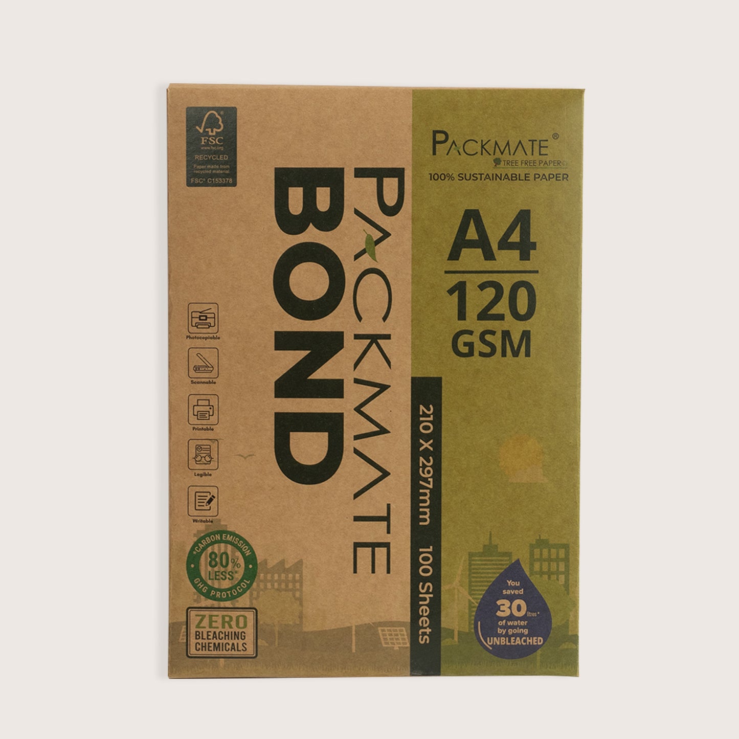 Packmate Bond Paper (120 GSM | A4 Size - 100 Sheets)| Made From 100% Recycled Paper