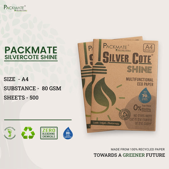 Packmate Silvercote Shine White A4 Copier, 500 Sheets |  Made From 100% Recycled Paper