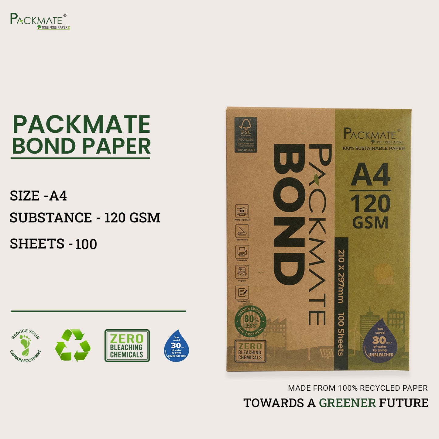 Packmate Bond Paper (120 GSM | A4 Size - 100 Sheets) Pack of 3 Ream | Made From 100% Recycled Paper