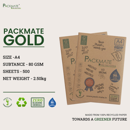 Packmate Gold A4 Paper Ream (500 Sheets) | Eco-Friendly 100% Recycled Copier Paper | Smooth, Durable, and Affordable for Sustainable Printing