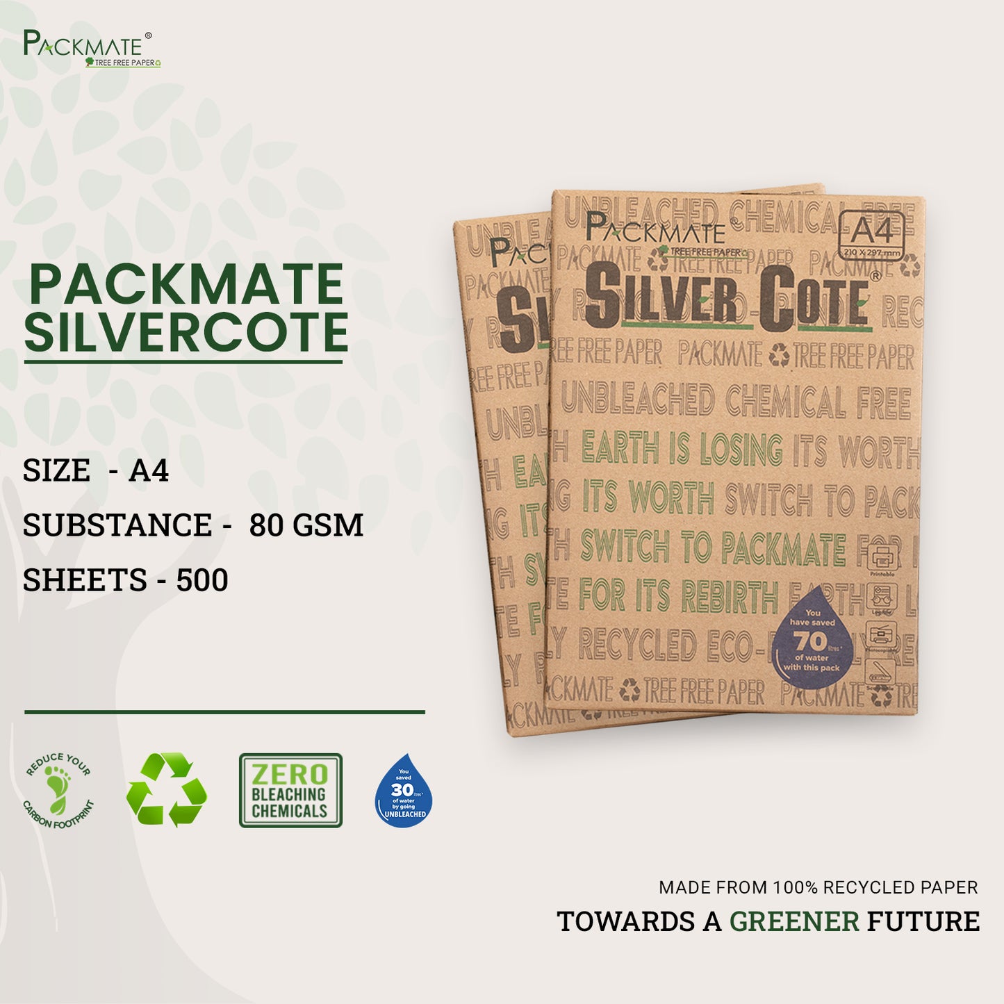 Packmate Silvercote A4 Printer Paper, 500 Sheets |  Made From 100% Recycled Paper