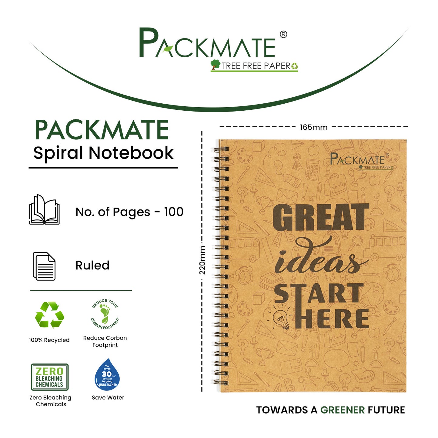 Packmate Spiral Notebook - Ruled  (Pack of 5)  Made From 100% Recycled Paper